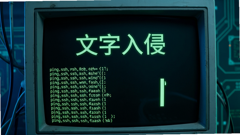 主体:一个复古终端界面,绿色代码在黑色背景上滚动,屏幕中央显示“文字入侵”标题 布局:居中排版,上方是标题,下方是滚动代码行 排版:等宽字体,高对比度 风格:赛博朋克风,冷色调 细节:光标闪烁,代码包含常用黑客指令如ping、ssh 画质:高清,无多余元素