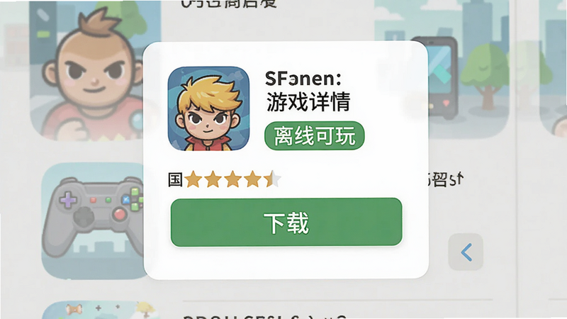 主体:应用商店内游戏详情页,标注“无广告”“离线可玩”标签 布局:居中卡片式 排版:白底黑字,标签用绿色圆角 风格:扁平UI设计 细节:评分五星,下载按钮醒目 画质:清晰,无冗余装饰