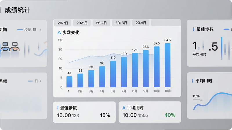 主体:成绩统计页面,包含柱状图显示步数变化,底部有最佳步数和平均用时;布局:信息卡片排列,图表居中;风格:现代简约,灰色背景搭配蓝色数据条;细节:柱状图上显示具体数值,顶部有日期标签;画质:细腻渐变,无多余装饰,干净清晰。