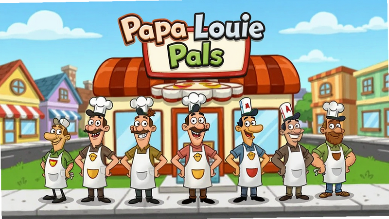 主体为游戏主界面截图,Papa Louie和朋友们站在一排快餐店前,背景是色彩明亮的卡通小镇,上方有游戏标题