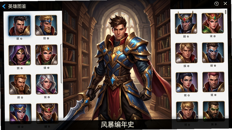 英雄图鉴界面,列表形式展示多个英雄头像,中间一个大尺寸立绘展示,背景是图书馆书架,排版左右分栏。立绘画风精美,色彩丰富,细节丰富。画面干净无多余UI干扰,画质高清。底部有“风暴编年史”字样。