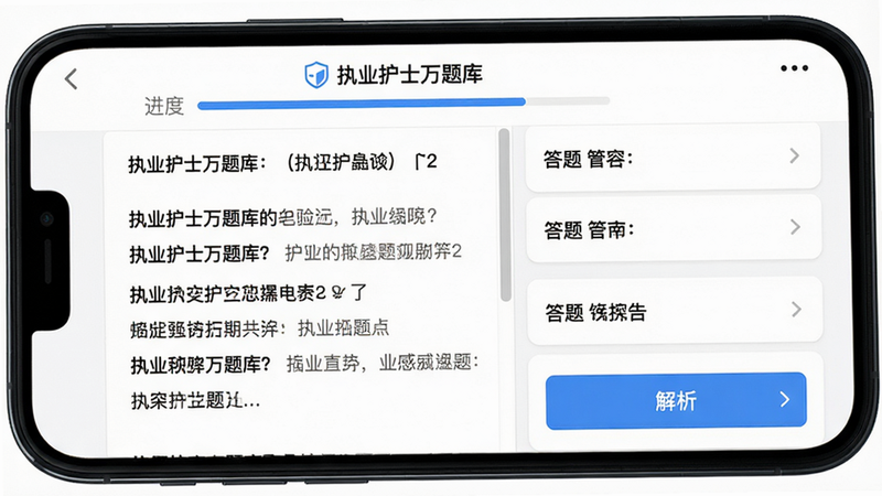 主体为手机屏幕展示真题练习界面,左侧是题目区域,右侧是答题选项与解析按钮,顶部显示“执业护士万题库”字样和进度条,背景为白色,整洁无杂乱元素,画质高清