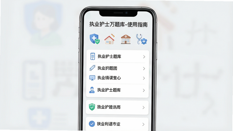 主体为手机屏幕展示使用指南界面,布局以分段式呈现,背景浅灰,文字清晰,顶部标题“执业护士万题库-使用指南”,包含图标和列表,画质高清,干净无多余元素