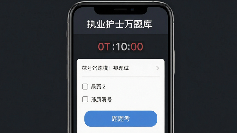 主体为模拟考场界面,手机屏幕显示倒计时、题目序号和选项,顶部“执业护士万题库”模拟考试字样,界面仿真实机考布局,背景深灰,按钮清晰,画质高清,干净