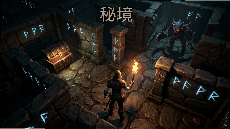 主体:游戏秘境探索场景,角色在随机迷宫中前进,前方有宝箱和怪物,墙体上刻有符文。布局:角色背对镜头,面向迷宫深处,视角为3D俯视。风格:暗黑奇幻,有动态光影。细节:地面纹理清晰,角色手持火炬照亮,画质高清,干净无多余UI。图片中显示“秘境”文字。