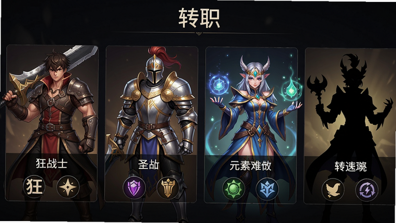 主体:游戏职业选择界面,展示不同转职角色的立绘与剪影,包括狂战士、圣骑士、元素师等。布局:横向排列,每个职业有名字和图标。风格:精美二次元立绘,背景为暗色调。细节:角色服饰细节清晰,画质高清,干净无多余文字。图片中显示“转职”二字。
