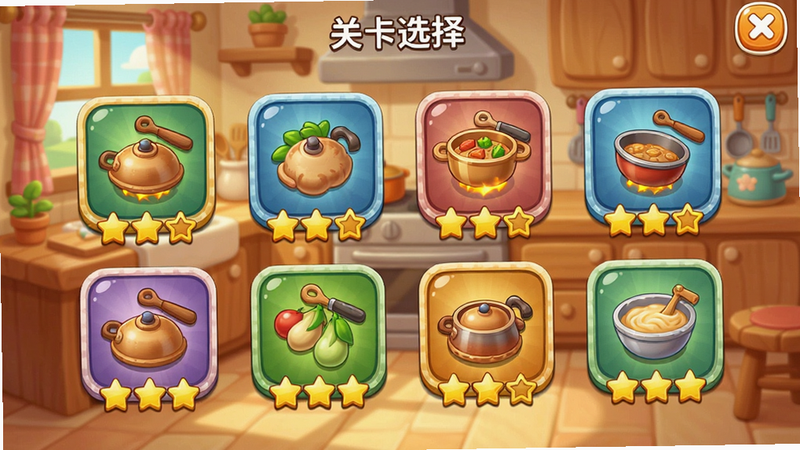 舒适烹饪游戏关卡选择界面,显示多个关卡图标,每个图标上有星星评级,背景是卡通厨房,界面布局整齐,画质高清