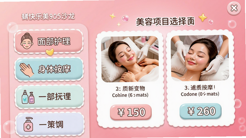 快乐美容沙龙美容项目选择界面,左侧列表显示“面部护理”“身体按摩”等选项,右侧为具体项目详情图,包括操作步骤和价格,背景粉色渐变,卡通风格,文字清晰,画质细腻,干净整洁