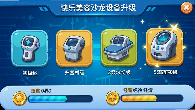 快乐美容沙龙设备升级界面,展示从初级到高级的仪器图标,下方有升级所需金币和经验条,背景科技感蓝色,卡通风格,细节包含进度条和光效,画质高清干净