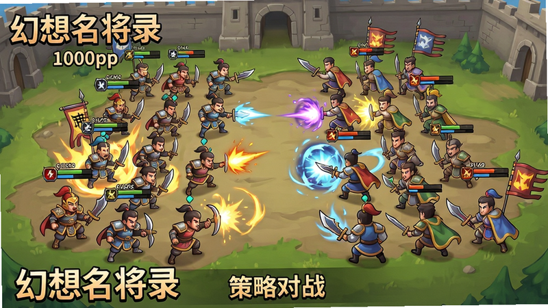 主体:幻想名将录战斗场景,双方武将排列对垒,布局:左右对称,前排近战后排远程,排版:战场全景俯视视角,风格:卡通渲染,细节:技能特效爆发、血量条、怒气槽,画质:1080p流畅,干净无UI干扰,文字标注“幻想名将录”及“策略对战”