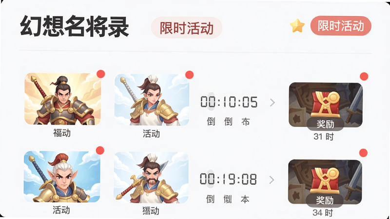 主体:幻想名将录活动中心界面,展示各种福利活动图标,布局:活动列表竖向排列,排版:简洁清晰,风格:UI扁平化,细节:红点提醒、倒计时、奖励预览,画质:高清,干净背景,文字标注“幻想名将录”及“限时活动”