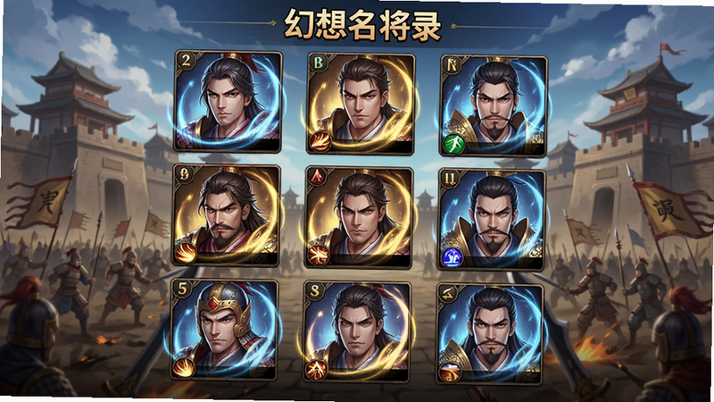主体:幻想名将录游戏主界面,展示三国武将阵容排列,布局:居中展示,背景为城池战场,排版:武将头像呈九宫格排列,风格:日系二次元卡牌,细节:武将立绘精致,技能特效光晕环绕,画质:4K超清,干净无多余元素,文字标注“幻想名将录”游戏名称