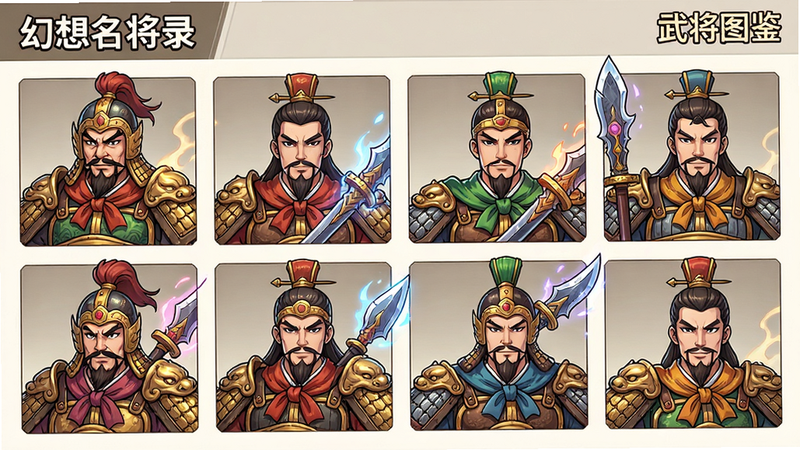 主体:幻想名将录武将图鉴界面,展示多名三国武将立绘,布局:网格排列,每格一个武将头像,排版:整齐有序,风格:二次元卡通,细节:武将服装纹理、武器特效,画质:高清细腻,干净背景,文字标注“幻想名将录”及“武将图鉴”