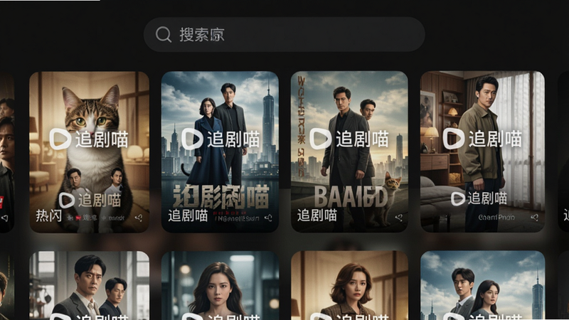 追剧喵是一款聚合全网影视资源的安卓追剧App,主界面采用深色主题,顶部搜索框居中,下方以卡片网格展示热门剧集海报,每张海报标注“追剧喵”水印,整体布局简洁现代,高清画质,干净无多余元素。