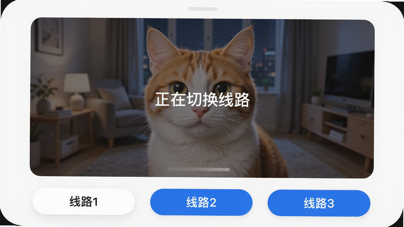 追剧喵播放界面,视频画面中显示“正在切换线路”提示,底部有“线路1”“线路2”“线路3”三个按钮,蓝色高亮选中状态,整体UI圆润,简洁无干扰。