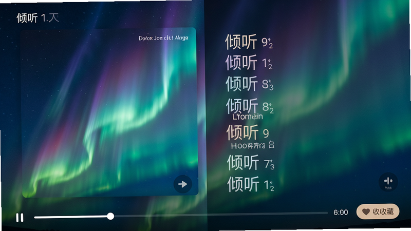 一款名为“倾听”的歌词同步界面,主体是歌词逐行显示在专辑封面右侧,背景为动态极光效果,布局左右分离,风格唯美,细节包括进度条和收藏按钮,画质干净,无多余元素,图片中歌词文字为“倾听”歌曲播放中。