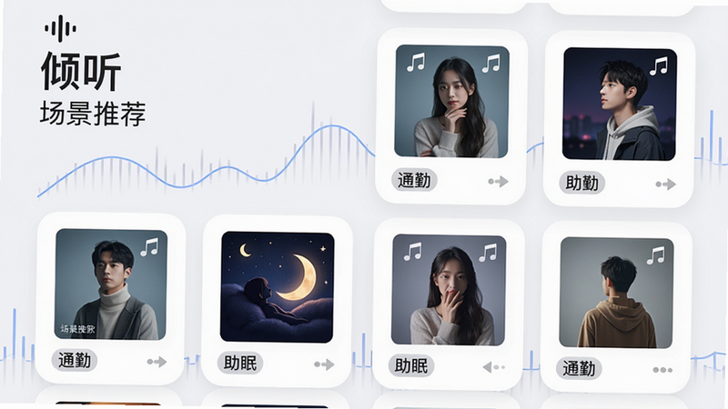 一款名为“倾听”的音乐APP推荐界面,主体是动态歌单卡片排列,布局为两列网格,每张卡片上有歌曲封面和“通勤”、“助眠”等场景标签,风格现代简约,细节处有波形动画点缀,画质细腻干净,无多余元素,图片中文字包含“倾听”和“场景推荐”。