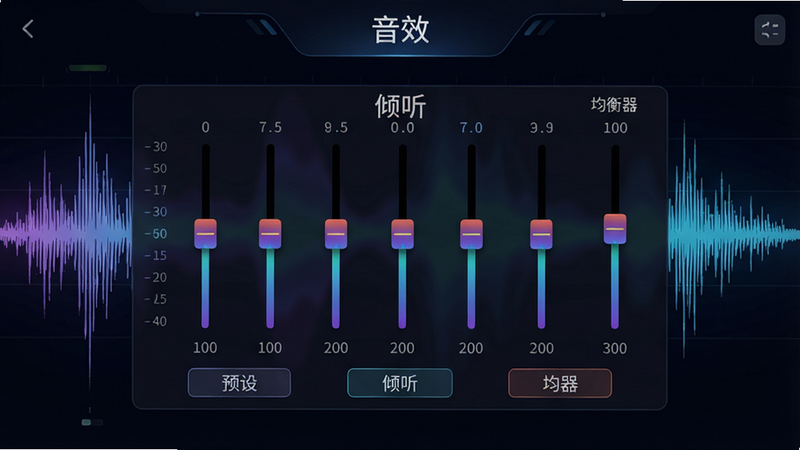 名为“倾听”的音效调节界面,主体是均衡器滑块面板,背景为声波频谱动态图,布局居中,顶部有“音效”标题,滑块颜色渐变,风格科技感,细节包括预设按钮和频率标记,画质清晰干净,无多余元素,图片中文字显示“倾听”和“均衡器”。