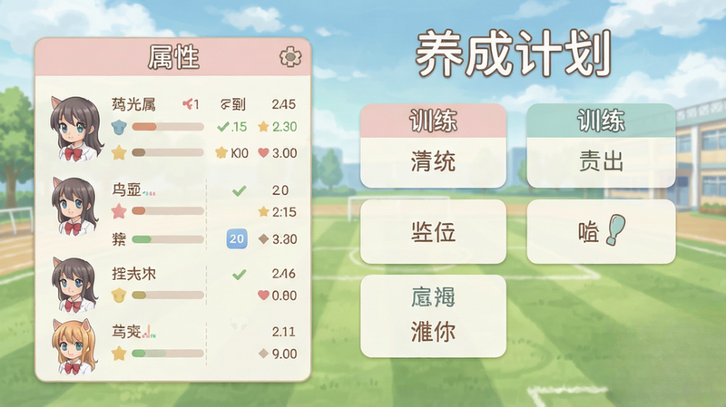 育成界面布局,左侧为马娘属性面板,右侧为训练选项,背景是学园操场,日系清新风格,文字“养成计划”清晰可见,画质干净,色彩柔和。