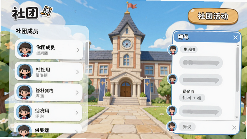 社团界面,显示社团成员列表和聊天框,背景是学园建筑,有“社团活动”按钮,界面明亮,卡通风格,画质干净。