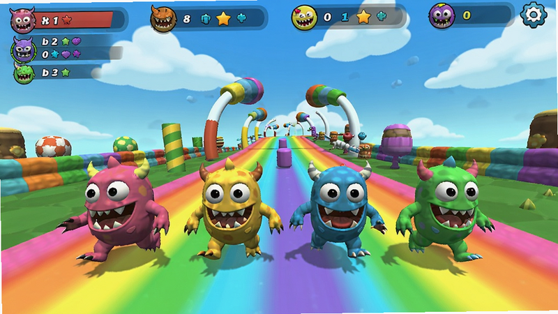 怪兽派对多人在线游戏截图:四只不同颜色的小怪兽在彩虹赛道上奔跑,屏幕上方显示玩家排名,界面活泼,色彩绚丽,卡通风格,画质细腻,赛道上有各种障碍道具,背景是蓝天白云