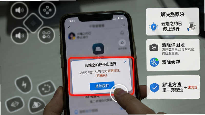 主体:手机屏幕显示游戏闪退报错界面,旁边有解决方案步骤图;布局:手机位于中央偏下,背景有虚拟按键提示;排版:用户视角,界面清晰显示“云端之约已停止运行”对话框;风格:真实截图风格,加红色边框高亮;细节:对话框下方有“清除缓存”按钮,手指点击示意;画质:1080p,干净无多余文字。