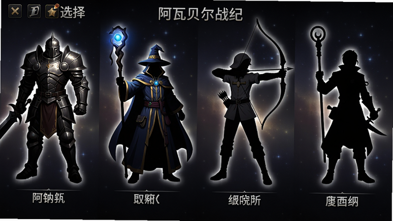 主体:阿瓦贝尔战纪职业选择界面,展示六个职业角色剪影。布局:横向排列六个不同职业的立绘,每个角色下方标注职业名称。排版:对称分布,背景为深色星空。风格:日式游戏UI风格,精致立绘。细节:战士全身重甲、法师手持法杖、弓箭手拉弓、牧师举杖、盗贼持匕首。画质:高分辨率,干净整洁。
