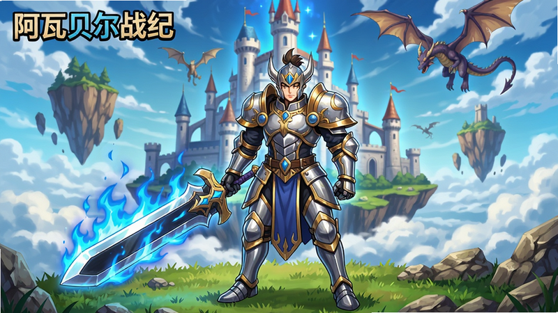主体:阿瓦贝尔战纪游戏主界面,展示宏伟的城堡与魔法天空。布局:中央站立一名身着华丽铠甲的战士,手持发光巨剑,背景是漂浮的岛屿和飞龙。排版:角色居中,背景层次分明,远处有云海。风格:日式动漫插画风,色彩明亮饱和。细节:战士盔甲有金属光泽,剑身附魔蓝色火焰,地面有草地和碎石。画质:高清,干净,无多余元素。