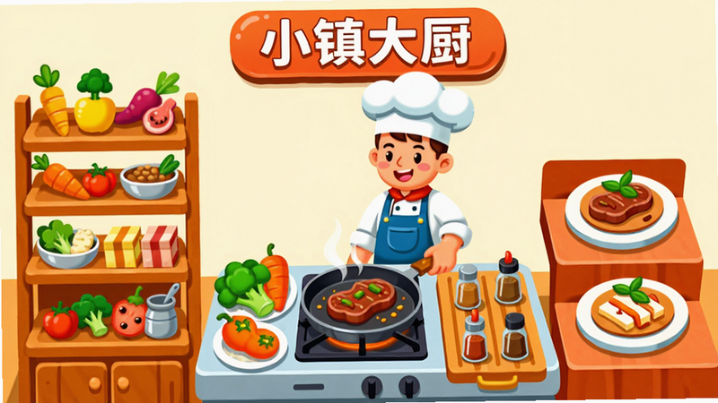 主体:小镇大厨烹饪界面,布局:左侧为食材架,中间是灶台与厨师,右侧为菜品成品展示,风格:扁平卡通、高饱和度,细节:灶台上平底锅正在煎牛排,旁边有蔬菜、调料瓶,上方显示“小镇大厨”字样,画质:细腻、无锯齿,干净背景