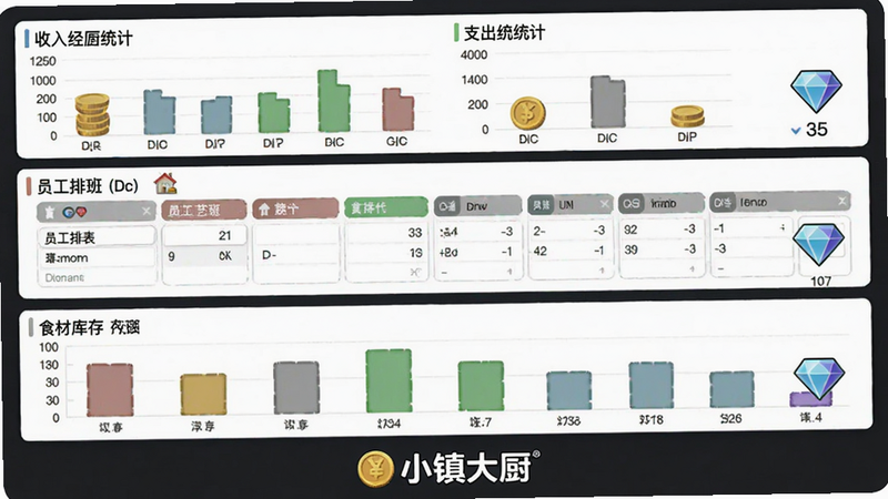 主体:小镇大厨经营面板,布局:上方为收入/支出统计图表,中间为员工排班表,下方为食材库存条形图,风格:简约数据可视化,细节:图表以彩色柱状图呈现,旁边有金币和钻石图标,底部标注“小镇大厨”LOGO,画质:清晰、无多余文字干扰