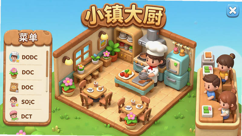 主体:小镇大厨游戏主界面,布局:中央是餐厅全景,左侧为菜单列表,右侧为顾客排队区域,风格:卡通清新Q版,细节:餐厅内摆放着桌椅、鲜花,厨师角色在厨房忙碌,上方有游戏标题“小镇大厨”,画质:高清、色彩明亮、干净无多余元素
