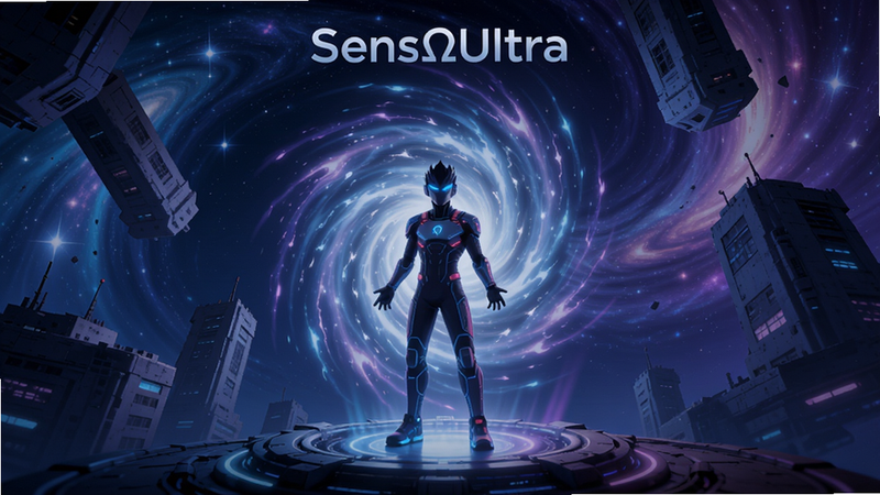 SensΩltra游戏主界面,主角站在发光的能量旋涡中心,背后是扭曲的星空与错位的建筑,色彩以蓝紫渐变为主,科幻赛博朋克风格,画面干净无多余元素,画质细腻,4K渲染,主体居中,布局对称,细节丰富。