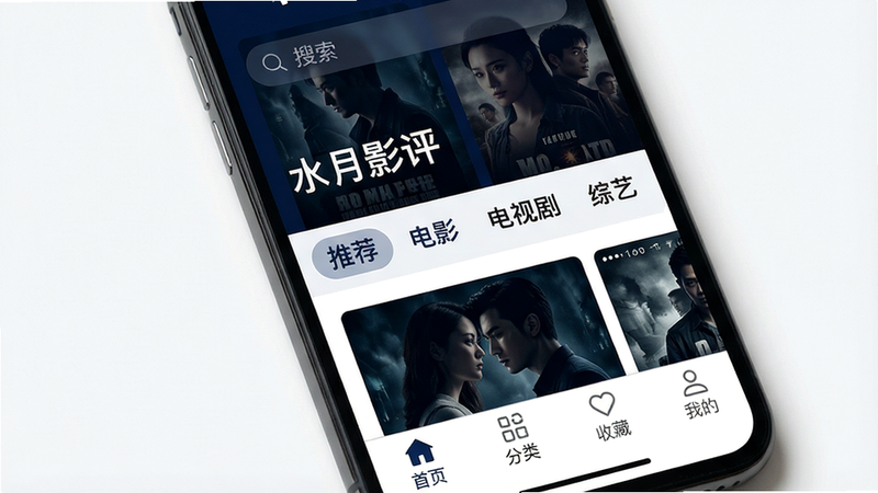 生图提示词: 一张智能手机屏幕的近距离特写,显示“水月影评”APP首页界面,背景为暗色电影海报墙,顶部有搜索栏,中间分类标签:推荐、电影、电视剧、综艺,底部导航栏为首页、分类、收藏、我的。整体风格现代简洁,色彩以深蓝和白色为主,画质清晰,干净无多余元素,突出软件名称“水月影评”。