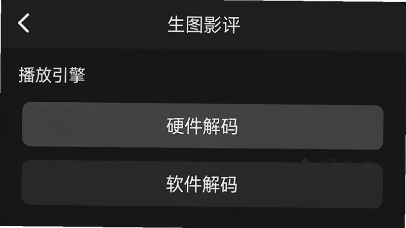 生图提示词: 一张手机截图展示水月影评的设置页面,显示“播放引擎”选项,有“硬件解码”和“软件解码”两个按钮,背景为深色,布局简洁,文字清晰,突出设置界面的实用性,干净无多余元素。