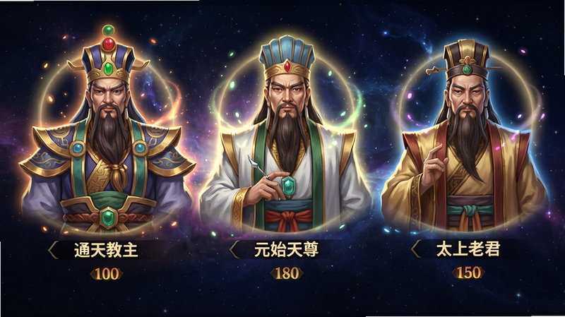 主体:游戏角色图鉴界面,悬浮展示“通天教主”“元始天尊”“太上老君”三人组,各自带有光晕特效;布局:横向排列,人物居中,背景为星空图;排版:人物立绘半身像,下方显示名字和稀有度标识;风格:国风厚涂,色彩绚丽;细节:人物服饰纹路清晰,光效粒子漂浮;画质:超高清,无杂乱UI,干净无多余元素