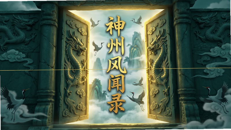 主体:一扇古老石门缓缓打开,门缝中透出金光,门后是云雾缭绕的仙境,中央悬浮着“神州风闻录”四个烫金大字;布局:画面居中对称,石门占据下半部,文字位于黄金分割线;排版:文字竖排,古风书法字体;风格:水墨仙侠风格,色彩以青绿、金色为主;细节:石门上有龙纹浮雕,云雾中有仙鹤剪影;画质:8k超清,光影自然,干净无多余元素