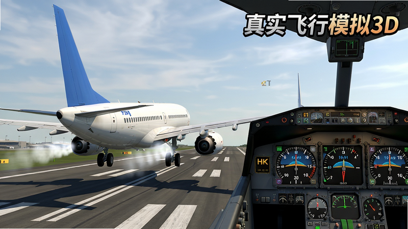 主体:真实飞行模拟3D游戏主界面,一架波音737客机在跑道上准备起飞;布局:居中构图,飞机占据画面左侧45%,右侧显示操控面板和仪表盘;排版:右上角有游戏logo“真实飞行模拟3D”艺术字;风格:写实3D渲染,光影真实,天空有淡淡云层;细节:飞机襟翼放下,引擎尾流可见,跑道标线清晰,驾驶舱内仪表盘指针位置分明;画质:8K超清,干净无多余元素