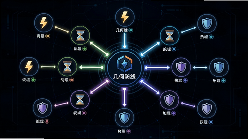 主体为技能树界面,展示一个放射状的技能节点图,中心是“几何防线”logo,周围连接着各种技能图标(闪电、沙漏、盾牌),节点之间用发光连线表示路径,背景为深色科技感网格,布局对称,风格现代,细节包括技能名称和等级圆点,画质高清,干净无多余元素。