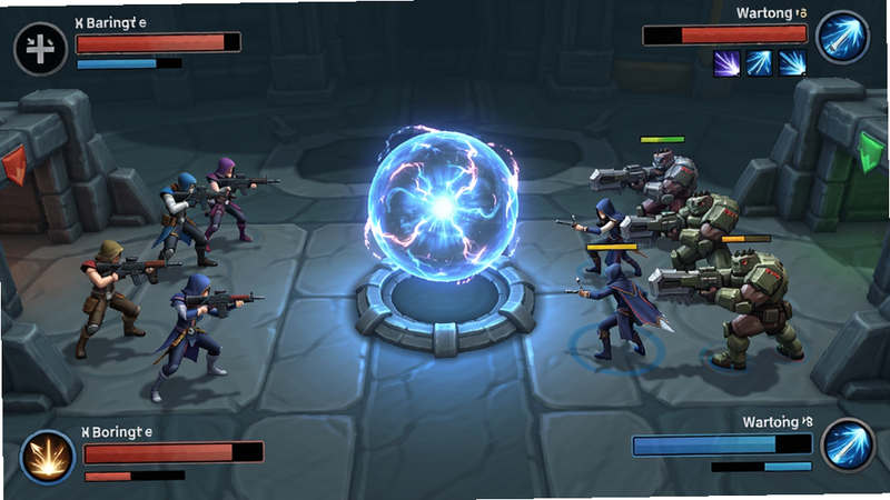 魔刻猎手3v3竞技场地图,中央悬浮能量球,两队玩家从两侧入场,角色职业各异,有枪手、刺客、坦克,UI显示双方血量和技能冷却,界面清爽,干净无多余元素。