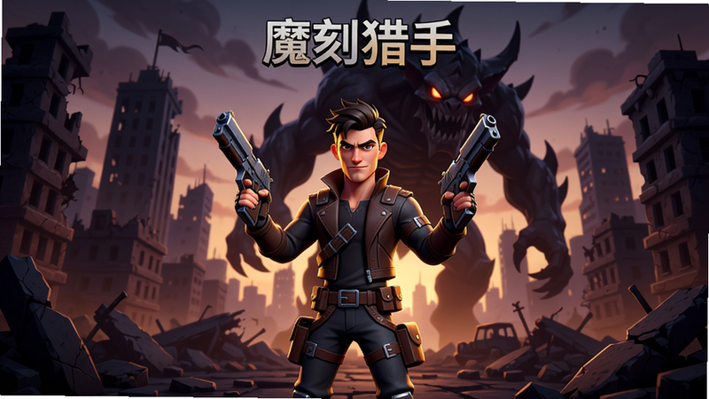 魔刻猎手游戏主界面,一名手持双枪的帅气的猎手站在废墟城市中央,背景有巨大怪兽的剪影,暗黑奇幻风格,高精度卡通渲染,画质细腻,光影丰富,干净无多余元素,居中构图,色彩对比强烈。