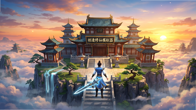 创造修仙模拟器游戏主界面,一个仙气缭绕的山峰上有一座宏伟的宗门建筑群,前方有玩家角色正在御剑飞行,背景是绚丽的云海和落日余晖,画面采用中式玄幻风格,布局中心突出,细节丰富,宗门牌匾上写着