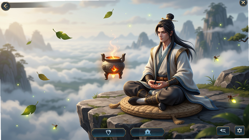创造修仙模拟器游戏内角色修炼场景,一个修士盘腿坐在悬崖边的蒲团上,身前漂浮着发光的丹炉,背景有流动的云海和远山,画面采用中景镜头,风格古风唯美,光线柔和,细节有飘落的树叶和闪烁的萤火虫,画质高清,干净无多余元素,底部有游戏UI按钮。