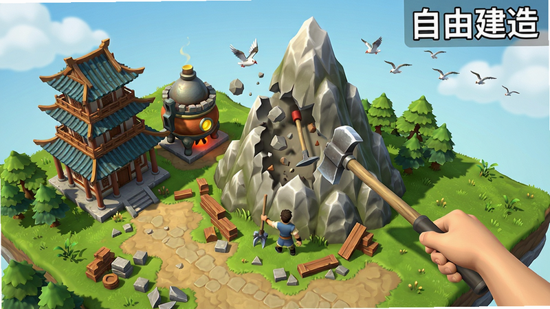 创造修仙模拟器游戏内建造场景,玩家正在用手中的工具拆除一座山峰,旁边有已经建好的几座古风建筑,包括一座三层楼阁和一个炼丹炉,地面上散落着各种建筑材料,画面以俯视视角展示,整体布局开阔,风格写实略带卡通,细节有树木、草地和飞鸟,画质清晰,文字