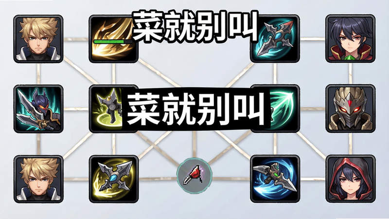 游戏攻略截图,展示角色技能组合搭配,画面中有多个角色头像和连线,标注“菜就别叫”攻略图,风格信息图,排版清晰,画质干净。