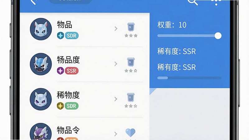 主体为手机屏幕上卡池编辑界面,布局:左侧是物品列表,右侧是属性设置面板,排版:列表项包含物品图标、名称、稀有度标签,风格:极简扁平化,配色以蓝色和白色为主,细节:面板上显示“权重:10”、“稀有度:SSR”等参数,画质:清晰无噪点,背景为纯白,无多余元素。