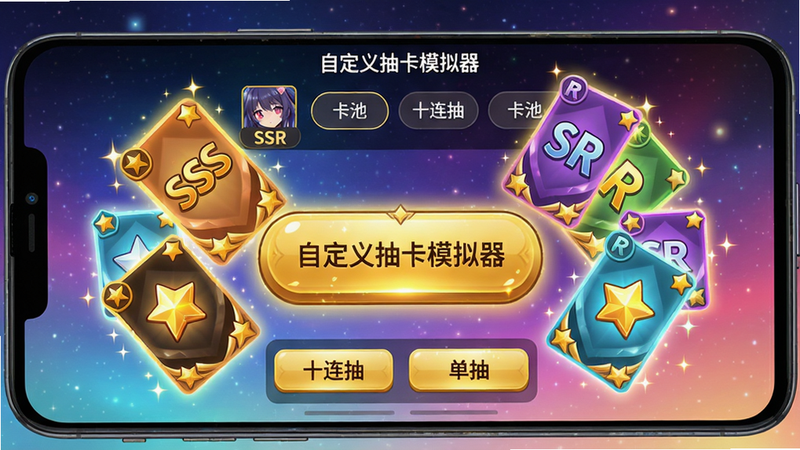 主体为一部安卓手机屏幕,屏幕中央显示“自定义抽卡模拟器”主界面,布局:上方为卡池主题选择栏,中间是一个巨大的金色抽卡按钮,按钮周围漂浮着各种稀有度卡片(SSR、SR、R),卡片上有星星和闪光特效,排版:卡片呈扇形围绕按钮,风格:二次元动漫风格,色彩鲜艳明亮,细节:按钮下方显示“十连抽”和“单抽”选项,画质:高清干净,无多余元素,背景为渐变色星空。