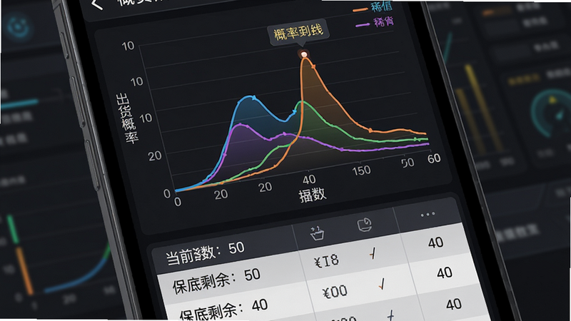 主体为手机屏幕上概率统计界面,布局:上方为概率曲线图(X轴为抽数,Y轴为出货概率),下方为数据表格,排版:曲线图用不同颜色区分稀有度,表格列出“当前抽数:50”、“保底剩余:40”等,风格:科技感数据仪表盘,细节:图上有峰值标注,画质:高对比度清晰,背景为深灰色,无多余元素。