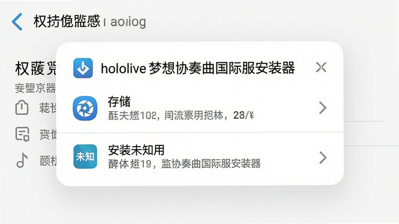 一张手机设置界面截图,显示“hololive梦想协奏曲国际服安装器”的权限申请弹窗,包括存储和安装未知应用权限,界面白色背景,文字清晰,画质干净。