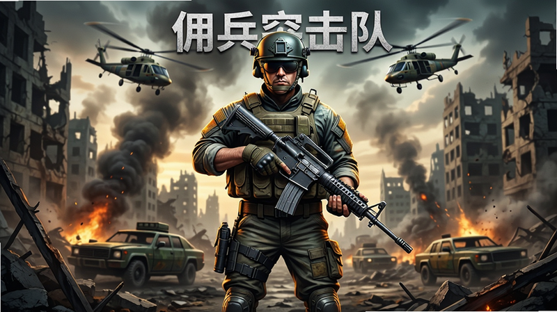 佣兵突击队游戏主界面,一名全副武装的佣兵手持步枪站在废墟战场中央,背景是硝烟弥漫的城市废墟,天空有直升机盘旋,画面采用写实风格,光影层次丰富,色彩饱满,画质高清,干净无多余元素,文字标注“佣兵突击队”