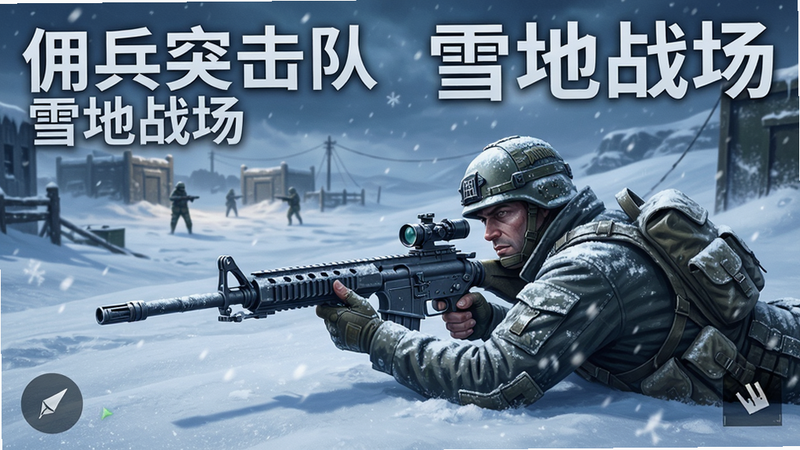 佣兵突击队游戏内雪原战场截图,一名佣兵趴在雪地中瞄准远方,远处有敌人据点,天空中飘着雪花,画面冷色调,细节丰富,武器上有雪花特效,干净无多余元素,文字标注“佣兵突击队 雪地战场”